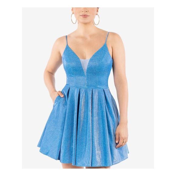 B DARLIN Dresses & Skirts - B DARLIN Womens Blue Mesh Inset Short Party Fit + Flare Dress 13\14